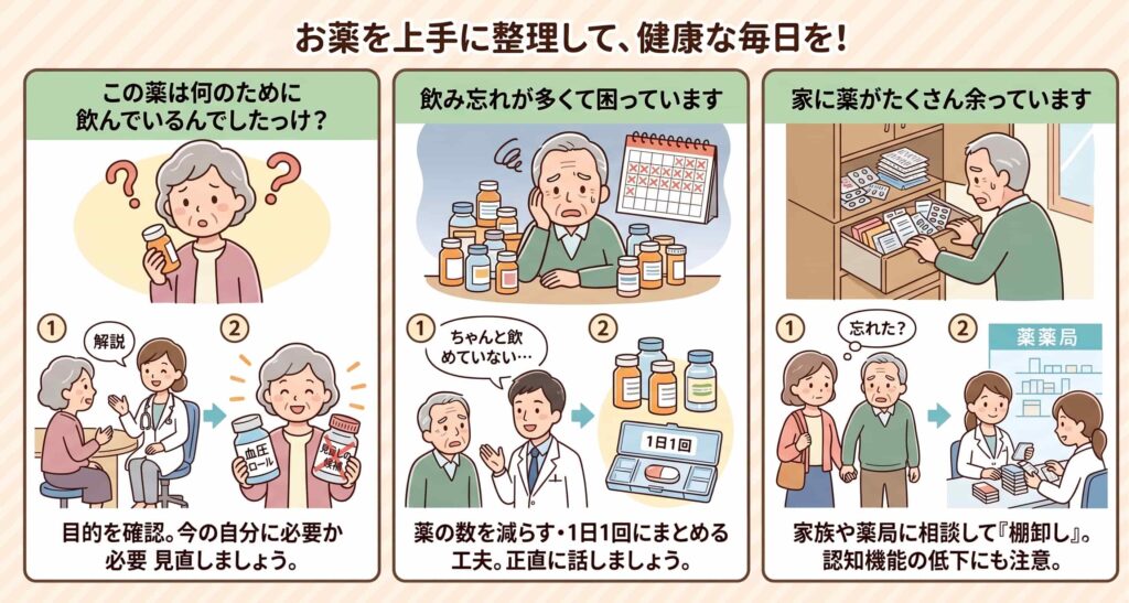 高齢者がよく口にする3つの言葉に医療者が応えるイラスト。
①「この薬は何のために飲んでいるんでしたっけ？」と薬瓶を見て困る女性に医師が解説、
②「飲み忘れが多くて困っています」と訴える男性に医師が1日1回の薬を提案、
③「家に薬がたくさん余っています」と気づいた家族が薬剤師に相談する場面。