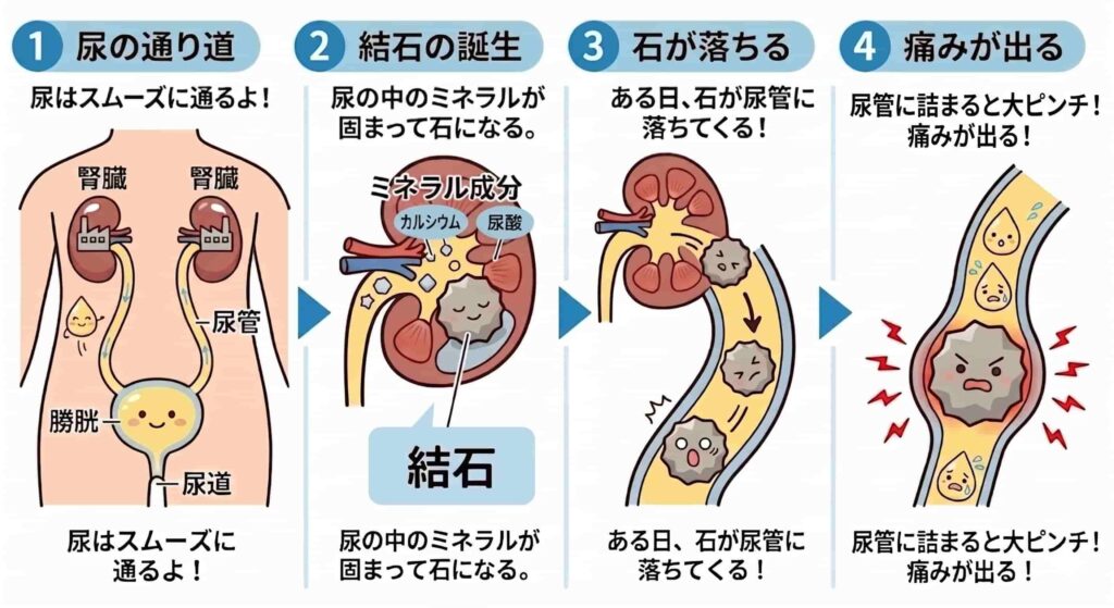 尿管結石ができる流れを示した4コマイラスト。①腎臓・尿管・膀胱・尿道からなる正常な尿の通り道、②尿中のカルシウムや尿酸が固まって結石ができる、③結石が尿管に落ちてくる、④尿管に詰まって激痛が出る