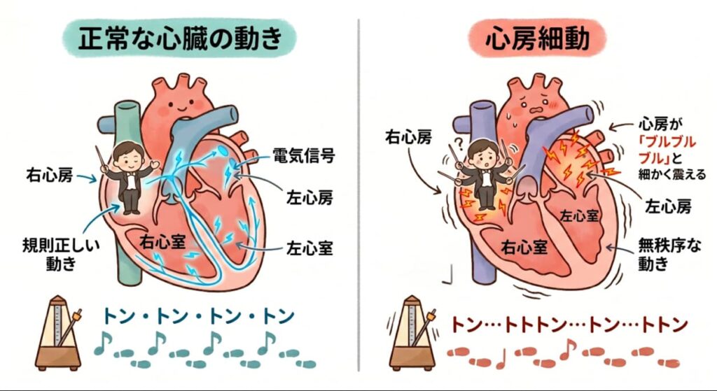 正常な心臓のリズムと心房細動のリズムを比較したイラスト。正常では規則的な「トン・トン」、心房細動では不規則な「トン…トトトン」とメトロノームで対比している。