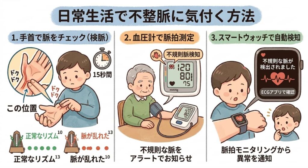 日常で不整脈に気付く方法のイラスト。手首での検脈、血圧計の不規則脈アラート、スマートウォッチの自動検知の3つを紹介。