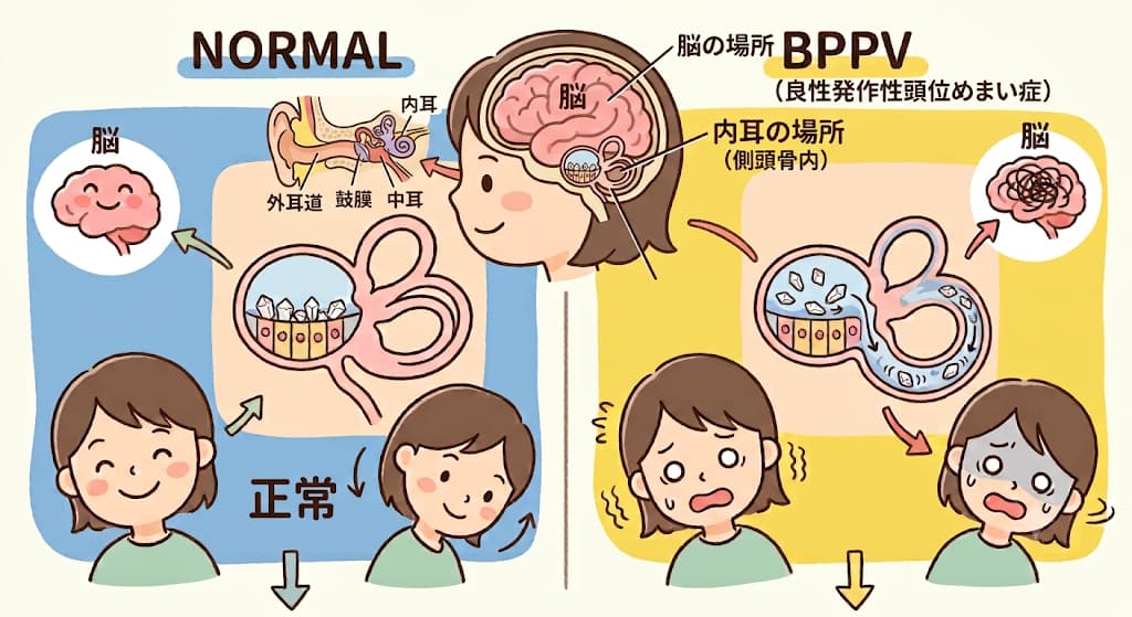正常な内耳とBPPVの内耳を比較したイラスト。正常では耳石が本来の場所にあるのに対し、BPPVでは耳石が三半規管に迷い込み、めまいが起きている様子
