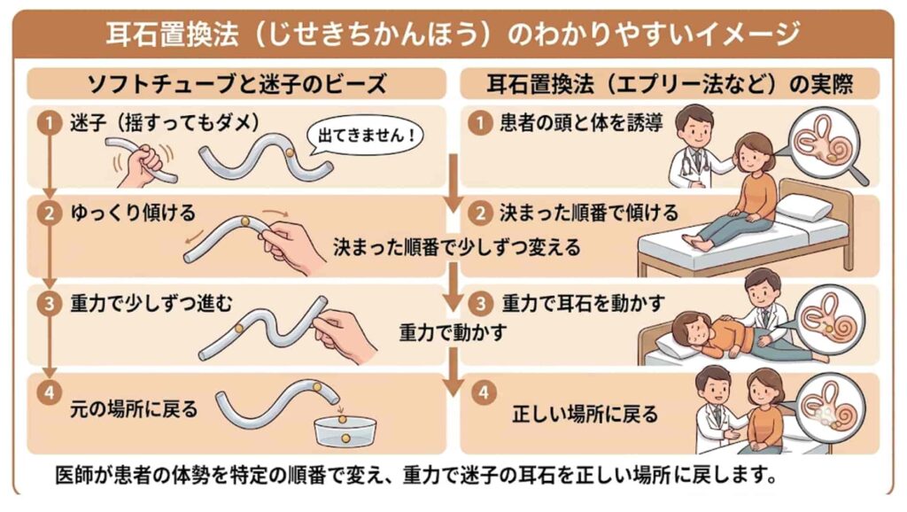 耳石置換法（エプリー法）のイメージ図。曲がったホースの中の迷子のビーズを傾けて戻す例えと、医師が患者の頭と体の向きを決まった順番で変えて耳石を元の位置に戻す実際の手順を並べた図