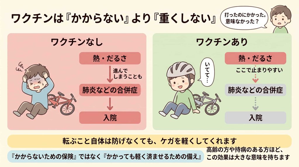 ワクチンの役割を自転車のヘルメットにたとえた比較イラスト。左の「ワクチンなし」は、ヘルメットなしで転んで頭を押さえ、熱・だるさから肺炎などの合併症、入院へと進む。右の「ワクチンあり」は、ヘルメットのおかげで熱・だるさで止まりやすい。「かからないための保険」ではなく「かかっても軽く済ませるための備え」。