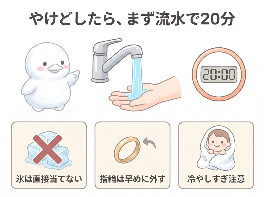 やけどの応急手当てをまとめたイラスト。「やけどしたら、まず流水で20分」の見出しと、蛇口の流水に手を当てる様子、20:00を示すタイマー。下に注意点「氷は直接当てない」「指輪は早めに外す」「冷やしすぎ注意」。