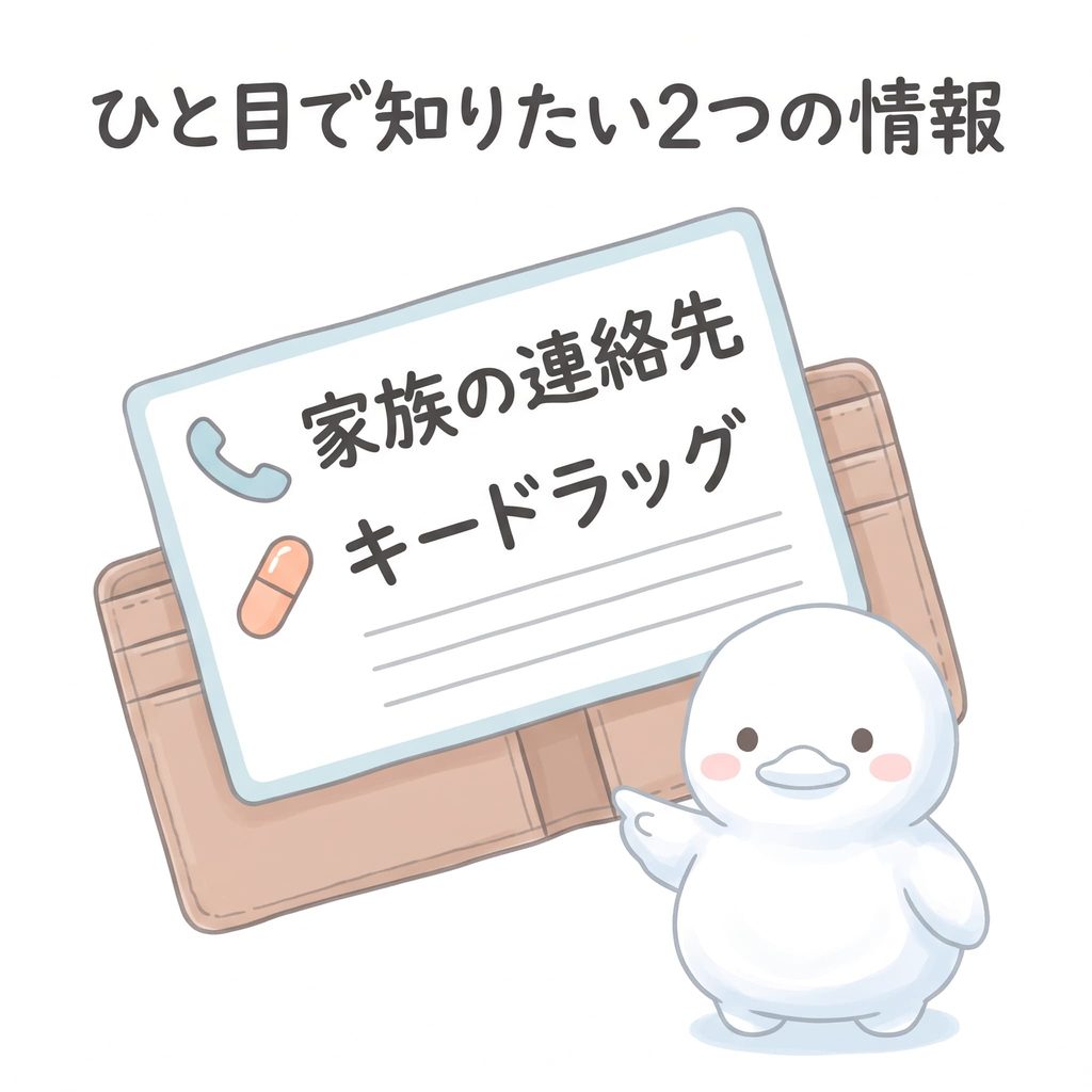 「ひと目で知りたい2つの情報」と題したイラスト。お財布から出した名刺サイズのメモに、電話のアイコンと「家族の連絡先」、薬のアイコンと「キードラッグ」の2つが大きく書かれ、雪のアヒルがメモを指している。