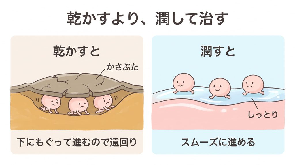 「乾かすより、潤して治す」と題した比較イラスト。傷を乾かすと、新しい皮膚の細胞がかさぶたの下にもぐって遠回りして進む。潤すと、しっとりした面の上をスムーズに進める。