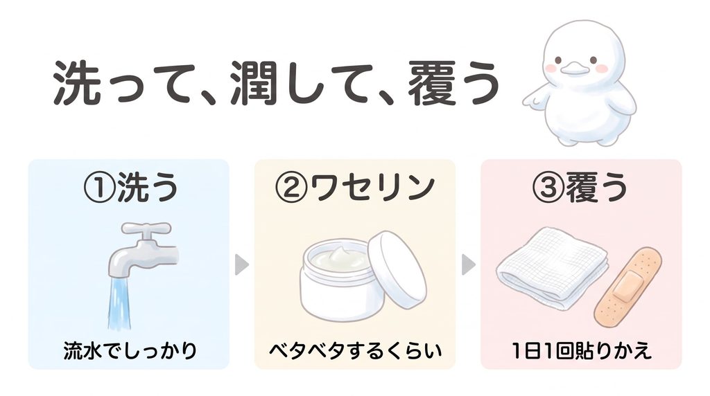 「洗って、潤して、覆う」と題した、すり傷の手当ての3ステップのイラスト。①流水でしっかり洗う、②ワセリンをベタベタするくらい塗る、③ガーゼや絆創膏で覆い、1日1回貼りかえる。