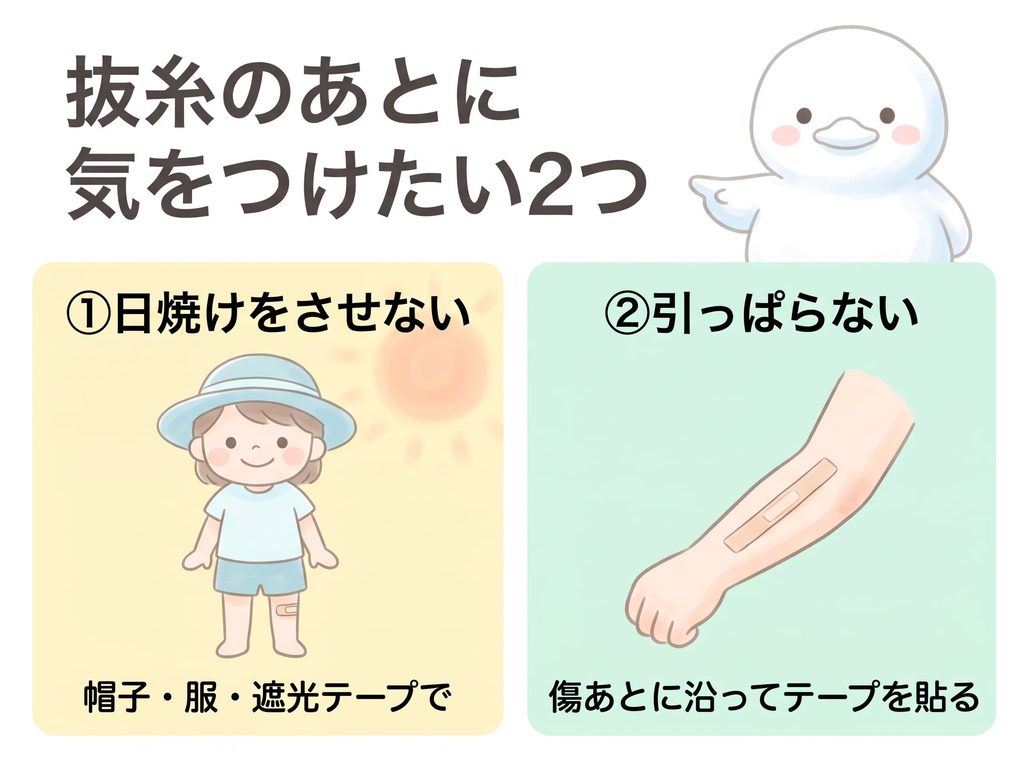 抜糸のあとに気をつけたい2つを示したイラスト。①日焼けをさせない：帽子・服・遮光テープで（帽子をかぶり、ひざにテープを貼った子ども）、②引っぱらない：傷あとに沿ってテープを貼る（腕にテープを貼った様子）。