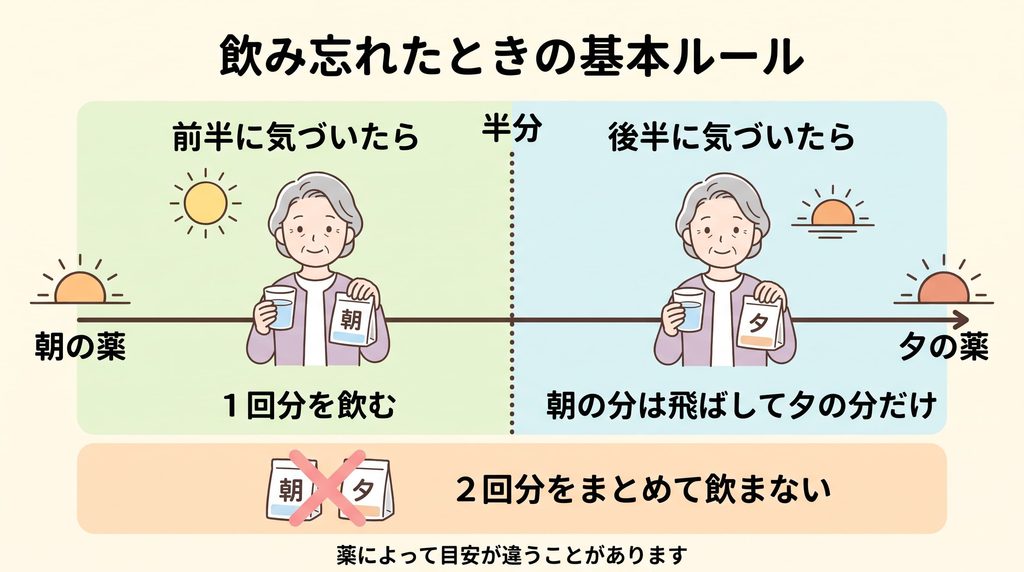 飲み忘れたときの基本ルールを、朝から夕方への時間の流れで示したイラスト。朝の薬と夕の薬の間の半分より前に気づいたら1回分を飲み、後半に気づいたら朝の分は飛ばして夕の分だけ飲む。2回分をまとめて飲まない。目安は薬によって違うことがある。